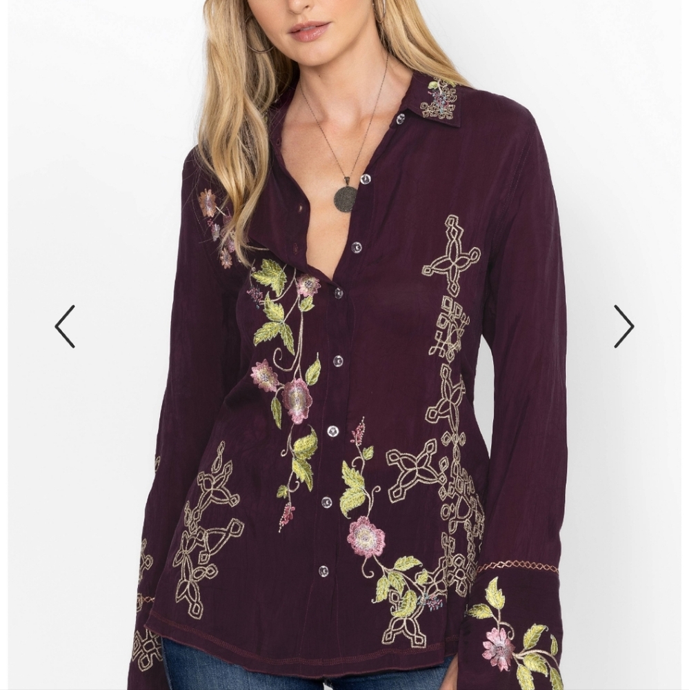 Johnny Was Red Asymmetrical Embellished Button Down Shirt